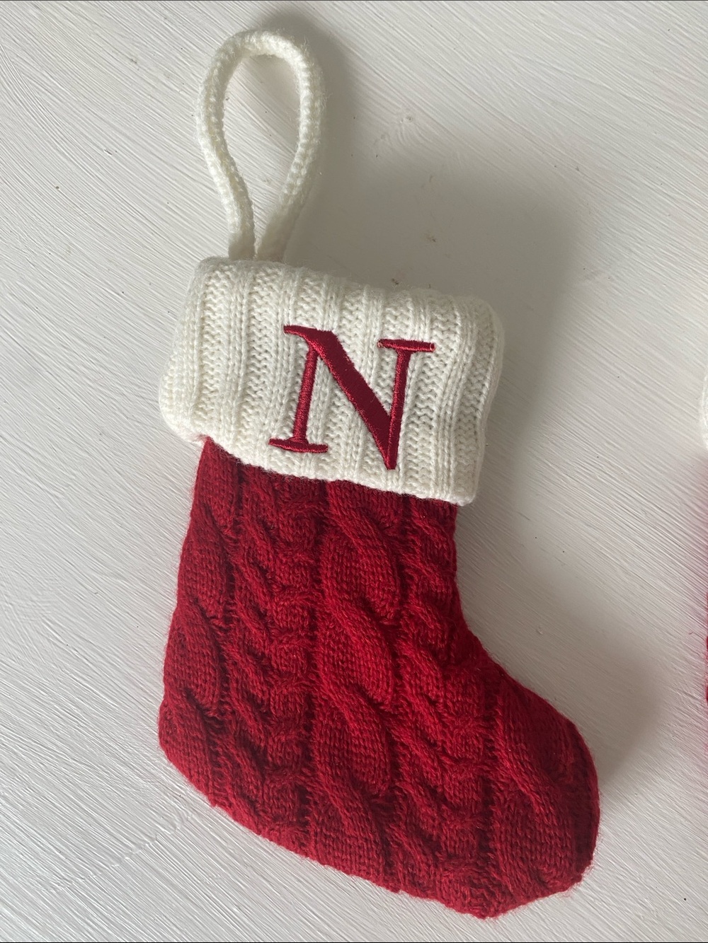 Red "N" Monogrammed Cable Knit Stocking 7" Mini